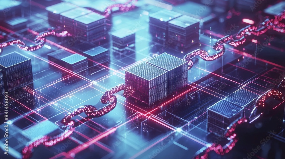 Poster digital blockchain network with glowing red chains