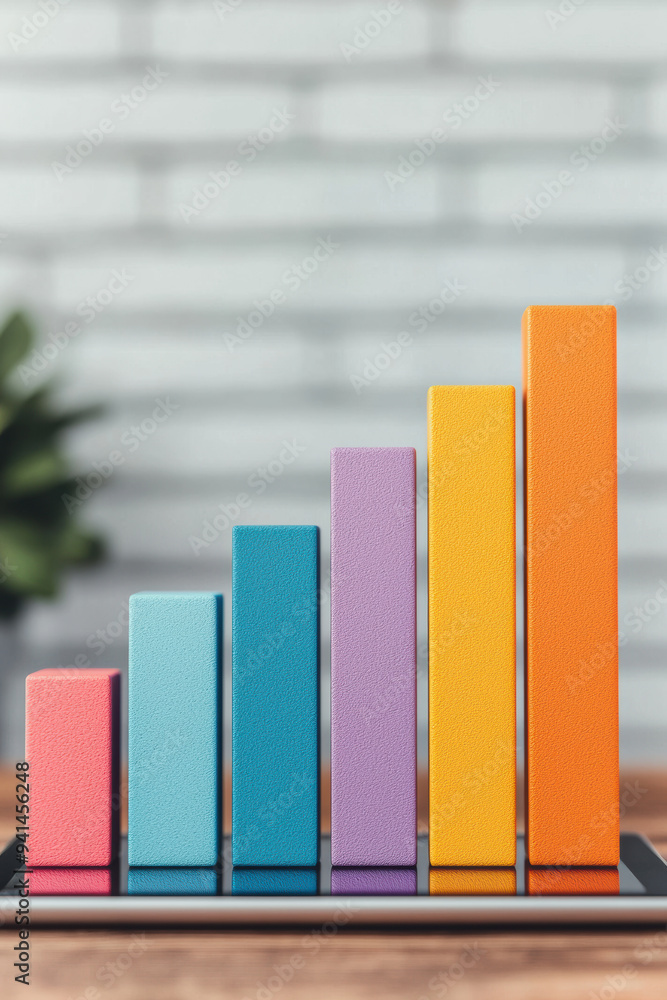 Poster colorful bar graph on tablet screen showcasing data analysis with blurred background. perfect for bu