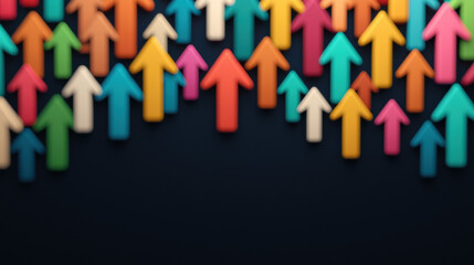 Colorful arrows pointing upwards on a dark background, symbolizing growth, success, and progress in diverse perspectives and directions.