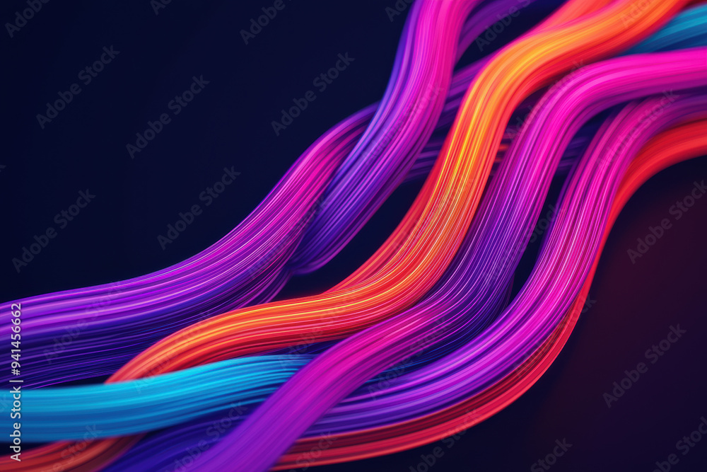 Poster vibrant multicolored abstract lines creating a dynamic and flowing pattern on a dark background, per