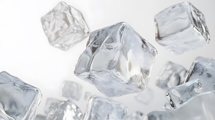 Obraz premium CG Floating Ice Cubes: Perfectly clear CG ice cubes hovering above a white background, with detailed textures and light reflections. 