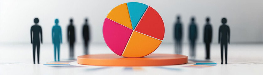 Fototapeta premium Colorful pie chart in the center surrounded by people silhouettes, representing data analysis, teamwork, and business strategy concept.