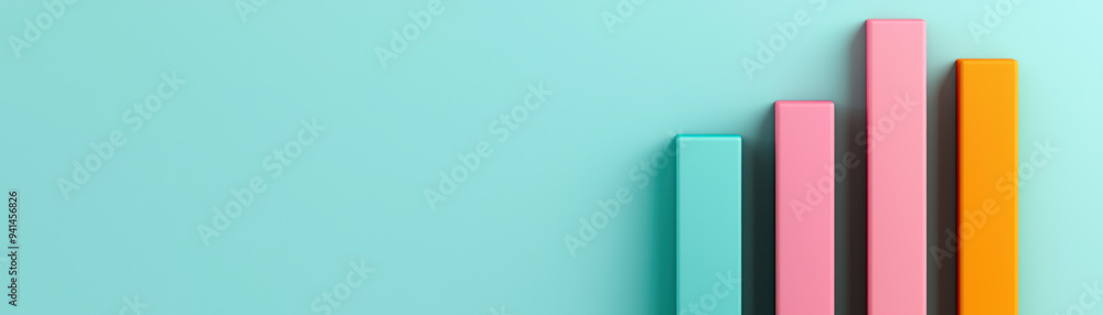 Poster modern bar graph in pastel colors on a turquoise background representing data analysis, growth, and 