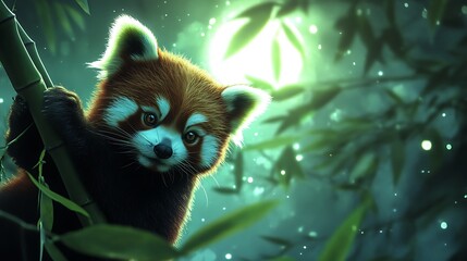 Obraz premium Enchanting Red Panda Playfully Climbing Bamboo in Green Moonlight - HD Wildlife Photography