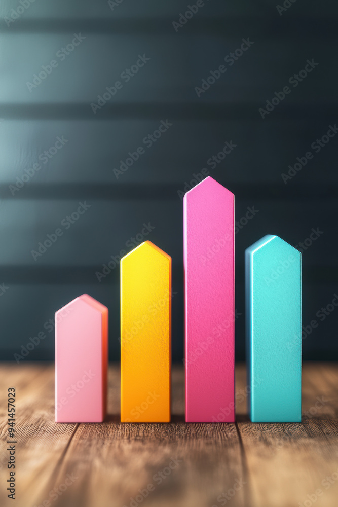 Aufkleber colorful bar graph with four vertical bars in varying heights, representing data growth on a wooden 