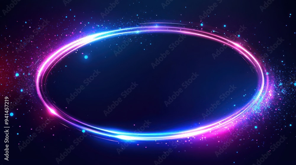 Poster abstract neon circle with light trails and sparkles