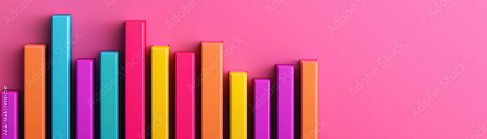 Poster colorful bar charts on a vibrant pink background representing data analysis, business growth, and st