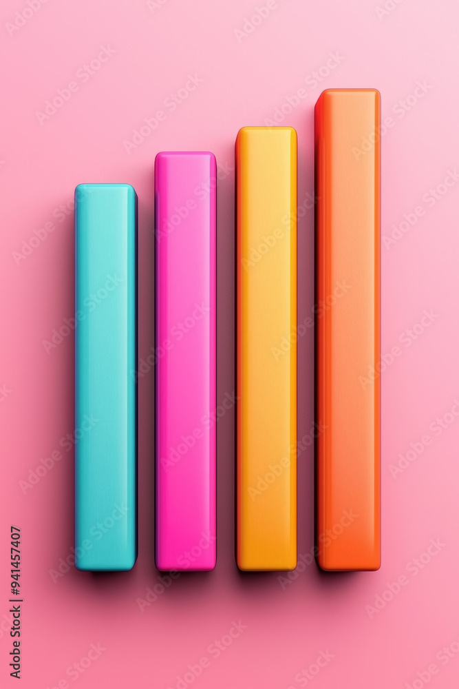 Poster colorful bar graph with four vertical bars on a pink background, representing data visualization or 
