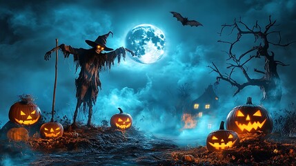 Spooky Halloween Night with Full Moon, Scarecrow, Jack-o'-lanterns, and Eerie Fog - Haunting Atmosphere for Holiday Celebration
