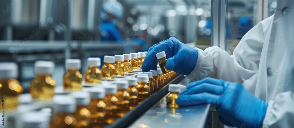 Poster a factory worker in protective clothing and gloves manages medication bottles on an automated produc