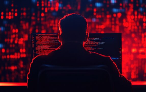 A hacker working on a computer in a dark room filled with glowing red code. A scene of digital mystery and cyber technology.