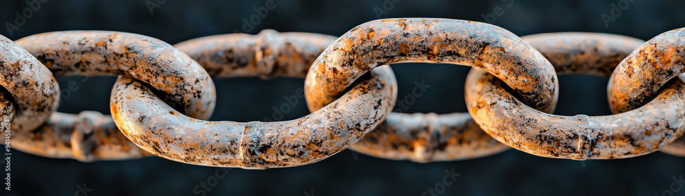 Poster close-up image of a rusty chain link against a dark background, showcasing texture and industrial st