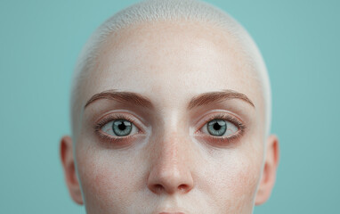 Fototapeta premium Close-up of a person with buzz cut hair and freckles against a turquoise background, highlighting clear blue eyes and smooth skin.