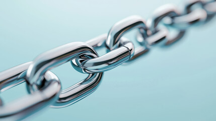 Fototapeta premium Close-up of a strong silver chain with shiny metal links against a light blue background, symbolizing strength, connection, and security.