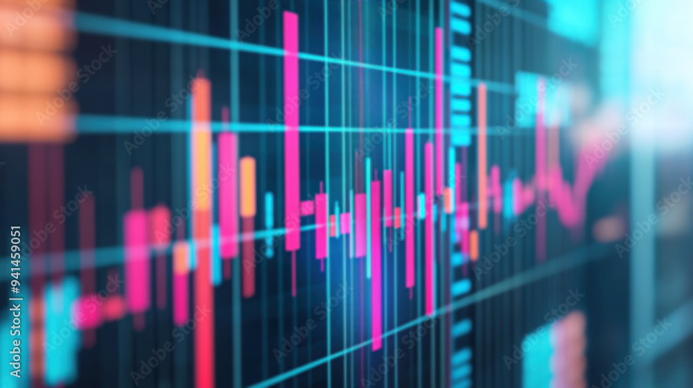 Poster vibrant stock market graph with colorful bars and lines displaying dynamic financial data on a digit