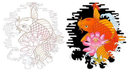 Carp tattoo design, Japanese irezumi koi fish style, oriental painting. Buddhist pattern illustration Line artwork included 건대타투, 타투달