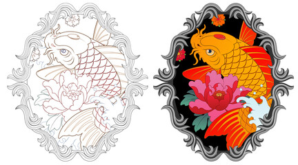 Carp tattoo design, Japanese irezumi koi fish style, oriental painting. Buddhist pattern illustration Line artwork included 건대타투, 타투달 