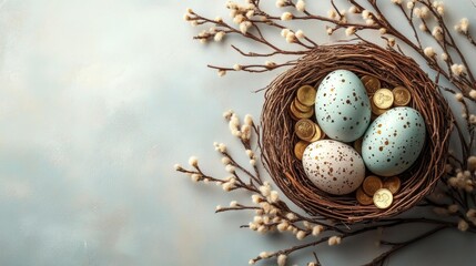 Fototapeta premium Nest with Speckled Eggs and Gold Coins Generative AI