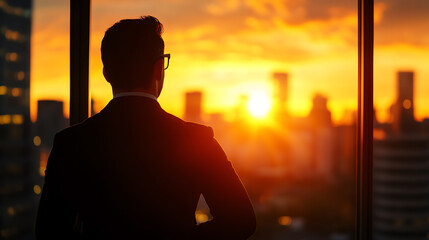 Fototapeta premium A businessman gazes at a vibrant sunset over the city skyline, capturing a moment of reflection and inspiration.