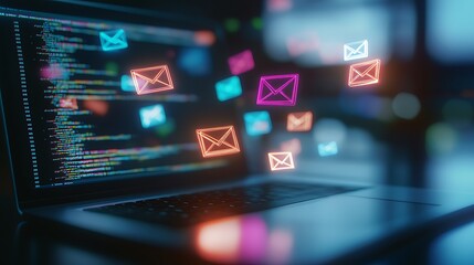 Fototapeta premium Digital Marketing Concept - Laptop with Glowing Email Icons and Marketing Designs on Screen with Bokeh Effect