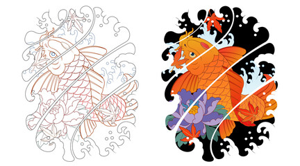 Carp tattoo design, Japanese irezumi koi fish style, oriental painting. Buddhist pattern illustration Line artwork included 건대타투, 타투달 