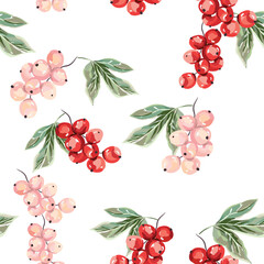 Pink and red currant berries, green leaves, white background. Vector illustration. Seamless pattern. Summer design. Nature garden
