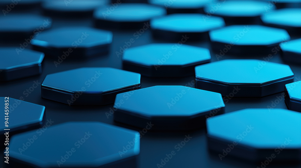 Poster close-up of blue hexagonal tiles on a black surface, creating a modern and geometric background idea