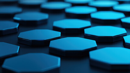 Fototapeta premium Close-up of blue hexagonal tiles on a black surface, creating a modern and geometric background ideal for tech and design themes.