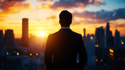 Fototapeta premium A businessman stands silhouetted against a vibrant sunset, overlooking a modern city skyline, symbolizing ambition and success.