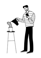 Outline drawing, young man watering a cactus while looking at his phone. Vector illustration
