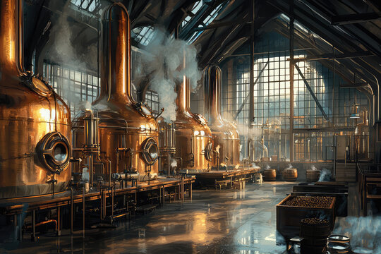 Discover the enchanting world of brewing with misty copper vats and warm sunlight filling this rustic brewery atmosphere.
