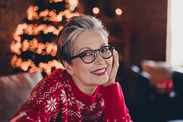 Portrait of candid smiling happy grandmother with white short haircut touch cheek daydreaming meet xmas miracle santa claus at home