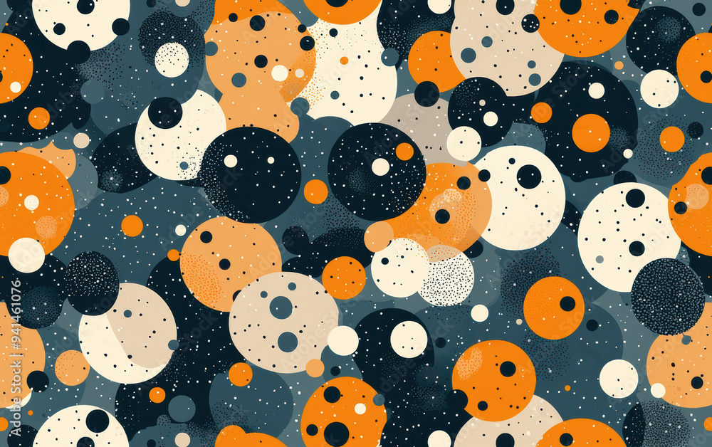 Poster abstract pattern with colorful circles and speckles in various sizes, creating a playful and dynamic