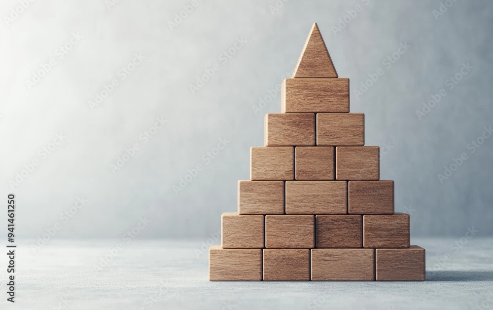 Poster wooden blocks stacked in a pyramid shape with a triangular top, placed on a smooth surface against a