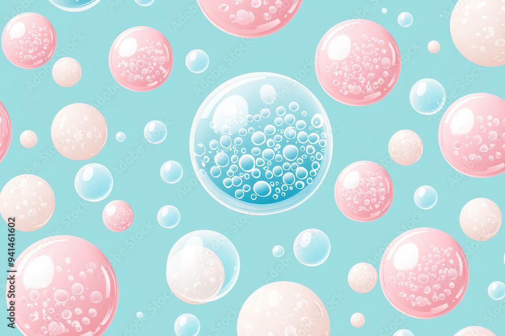 Poster colorful pattern of soap bubbles against a blue backdrop, creating a playful and vibrant design perf