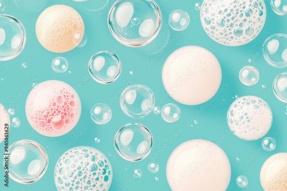 Poster colorful soap bubbles on a vibrant turquoise background, creating a fun and playful atmosphere perfe