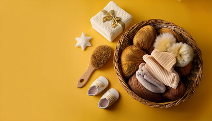 accessories newborns yellow selective focus various newborn items