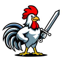 a rooster with a sword and shield on it