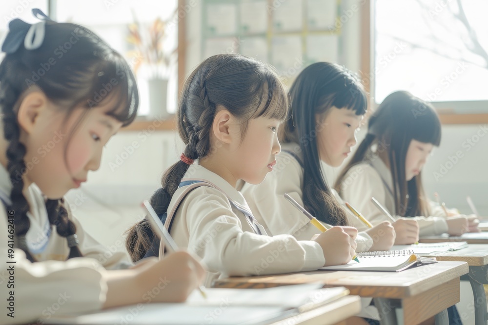 Poster young students attentively working in a bright classroom, showcasing dedication and educational enga
