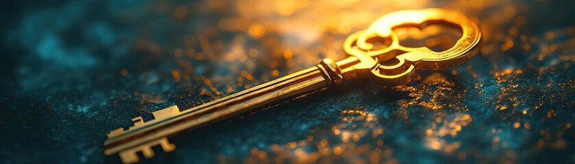 A vintage golden key rests on a textured surface, illuminated by soft light, evoking a sense of mystery and timelessness.