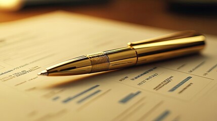 Fototapeta premium A close-up of a golden pen resting on a document, highlighting the elegance of writing and the importance of paperwork.