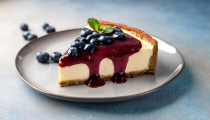 classic cheesecake slice topped fresh blueberry compote