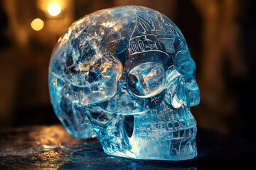 A mesmerizing crystal skull radiates an enchanting glow, revealing intricate engravings that tell tales of forgotten lore.