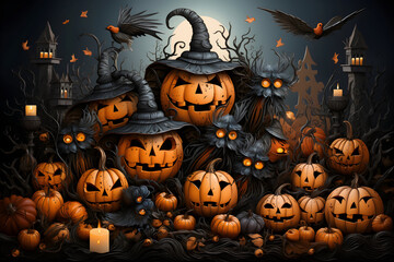 Stylish Happy Halloween background. Spooky creatures, carved pumpkin heads, bats, candles and typical Halloween elements. For invitation cards, wallpaper, poster, banner, backdrop etc.