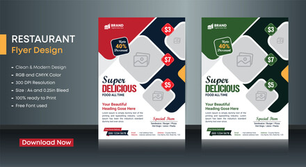 The restaurant menu and food flyer design templates are modern with colorful A4 sizes. Vector illustrations for food and drink marketing material, ads, templates, and cover design