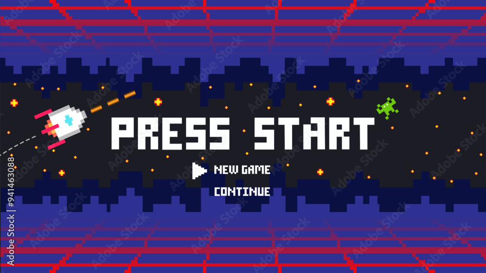 Poster press start insert ,new game,continue .pixel art .8 bit game.retro game. for game assets in vector i