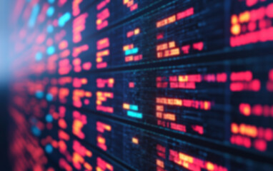 Obraz premium Abstract close-up of colorful code on a digital screen, showcasing coding, programming, and data analysis concepts in a futuristic setting.