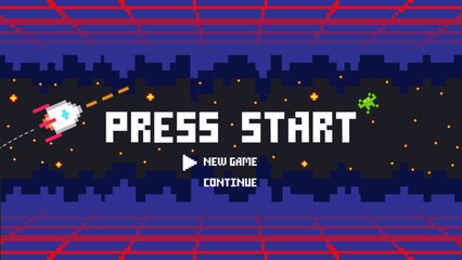 PRESS START INSERT ,NEW GAME,CONTINUE .pixel art .8 bit game.retro game. for game assets in vector illustrations.Retro Futurism Sci-Fi Background. glowing neon grid.and stars from vintage arcade comp  © Maderla