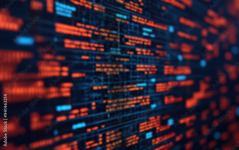 Poster abstract close-up of glowing red and blue code on a dark background representing cyber security, pro