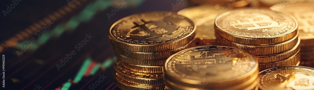 Poster close-up of shiny gold coins stacked with a digital trading chart in the background, representing fi